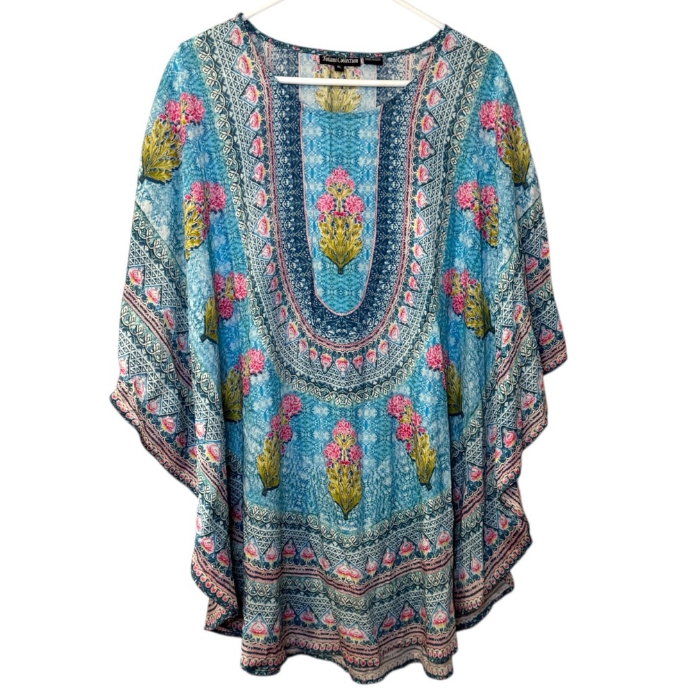 Tolani Blue Floral Boho Kaftan with Pink & Gold Accents